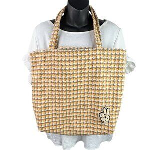 Urban Outfitters Wool Blend Houndstooth Peace Sign Patch Tote Bag Yellow School